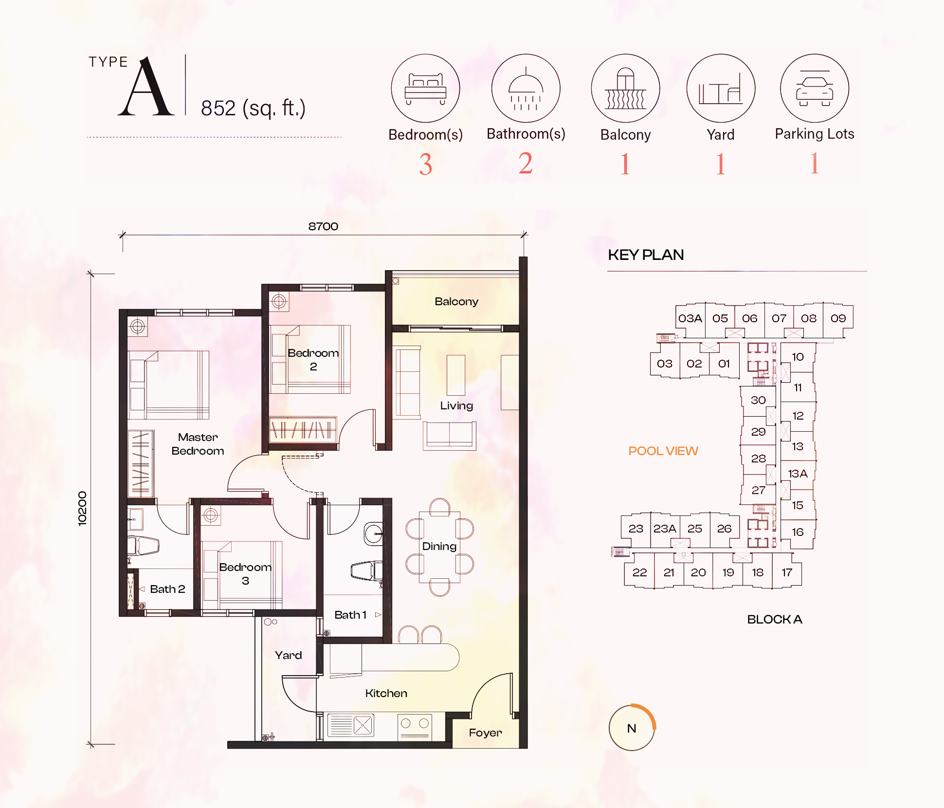 Type A floor plan, 852 square feet, three bedrooms and two bathrooms